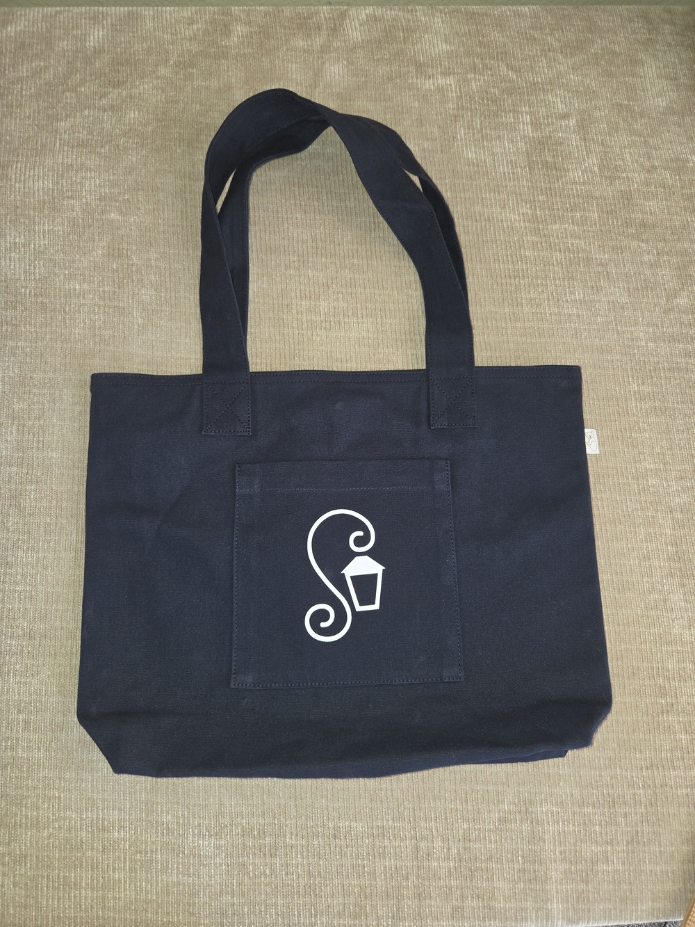 Blue Canvas Tote with Decorative White Lantern Motif